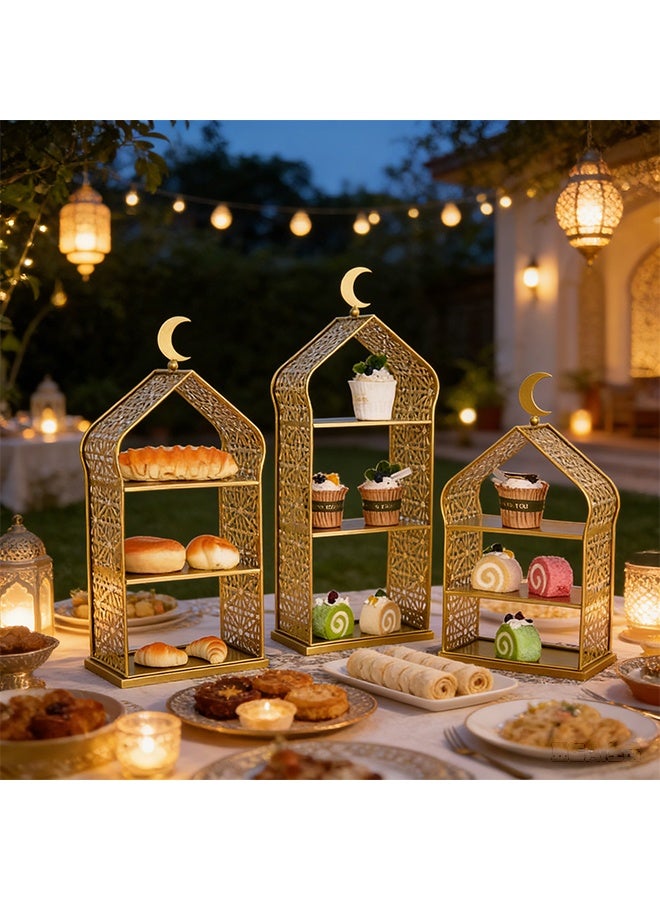 3-Piece Set Dessert Stand, 3-Tier Dessert Display Stand, Cupcake Display Stand with Moon Decoration, Golden Iron Decorative Hollow Dessert Stand, Suitable for Eid Table, Pastries, Bread, Fruits, Gift Giving and Luxurious Home Decoration - Image 5